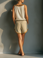 Women's Beige Linen-Blend Contrast Trim V-Neck Tank Top & Khaki Shorts Two-Piece Set MDZ2086C2T