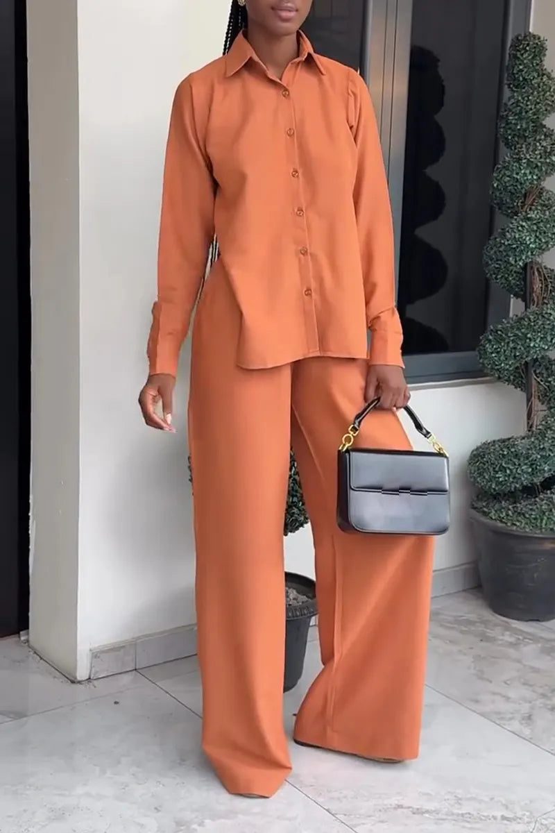 Women Collar Side Slit Shirt + Wide Leg Pants Casual Set