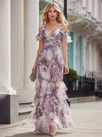 Cold Shoulder Floral Tiered Maxi Dress