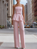 Strapless Peplum Bow Top And Tailored Wide-Leg Pants Set