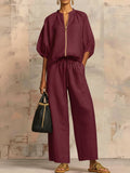 Stylish Cozy Shirt &amp; Wide-Leg Pants Linen Cotton Two-Piece Set