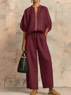 Stylish Cozy Shirt &amp; Wide-Leg Pants Linen Cotton Two-Piece Set