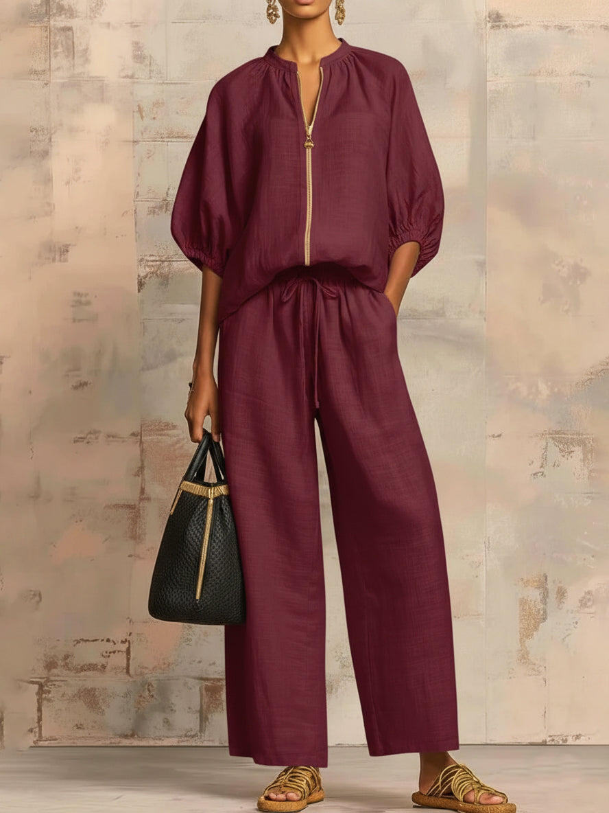 Stylish Cozy Shirt &amp; Wide-Leg Pants Linen Cotton Two-Piece Set