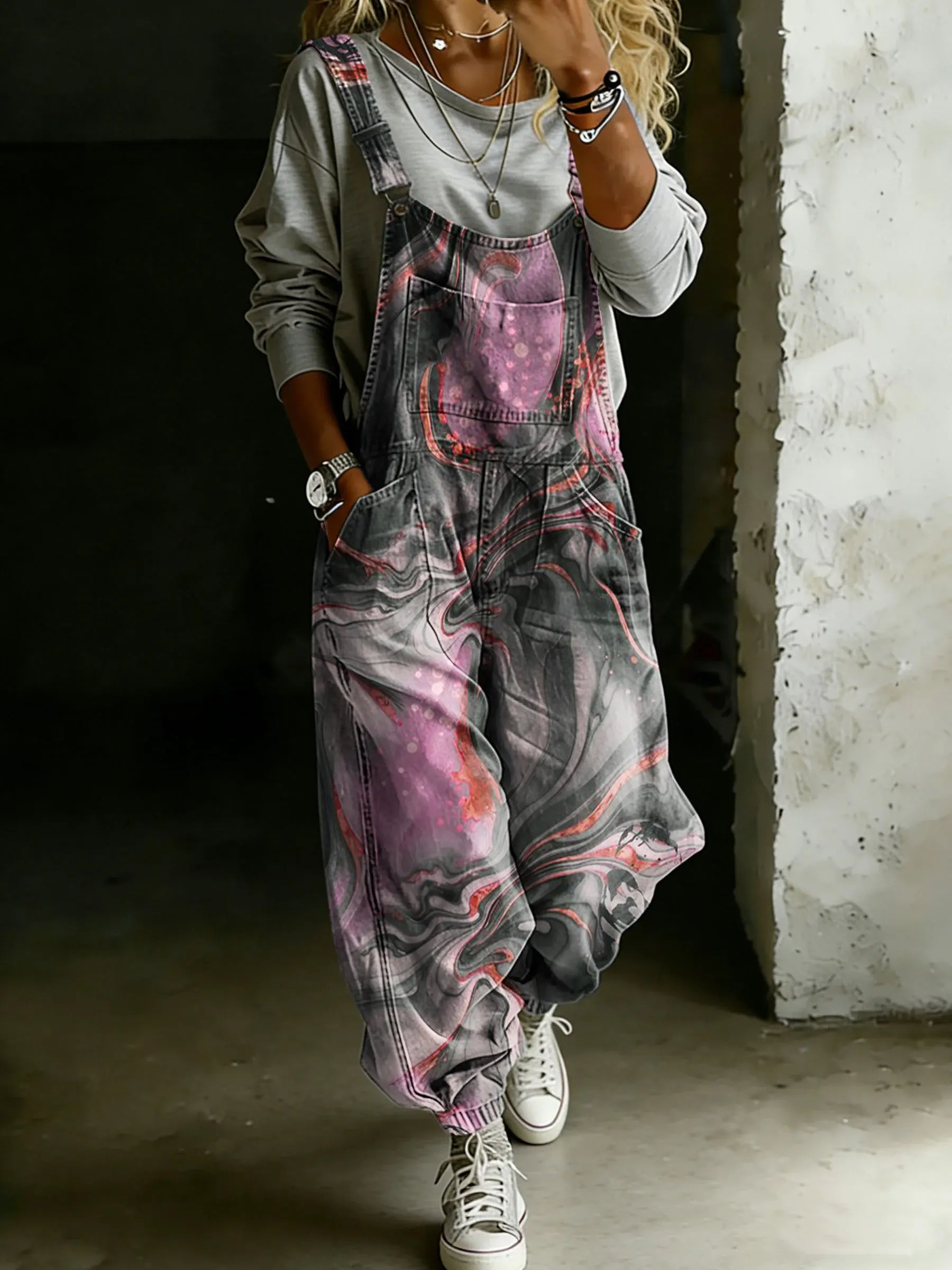 Women’s Vintage Waves Art Print Casual One Piece Denim Jumpsuit