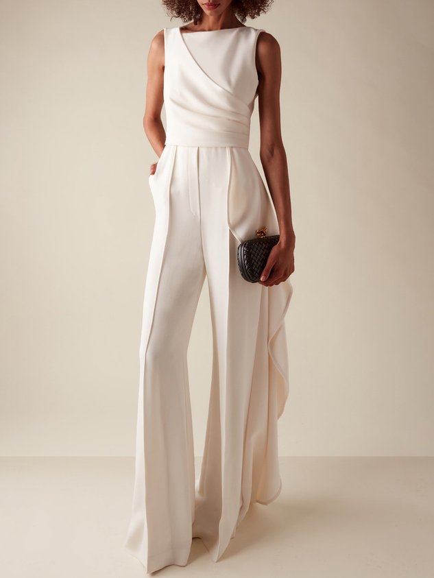 Women White Sleeveless Ruched Wide-Leg Jumpsuit With Pockets