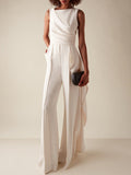 Women White Sleeveless Ruched Wide-Leg Jumpsuit With Pockets
