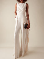 Women White Sleeveless Ruched Wide-Leg Jumpsuit With Pockets