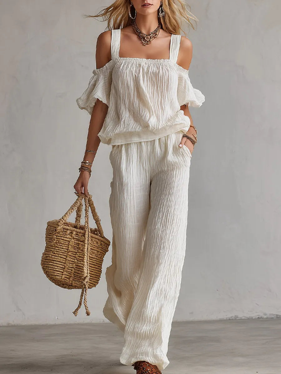 Minimalist Urban White T-Shirt & Wide-Leg Pants Crinkled Cotton-Linen Set