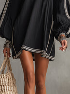 Boho Embroidered Trim Lantern Sleeve Dress