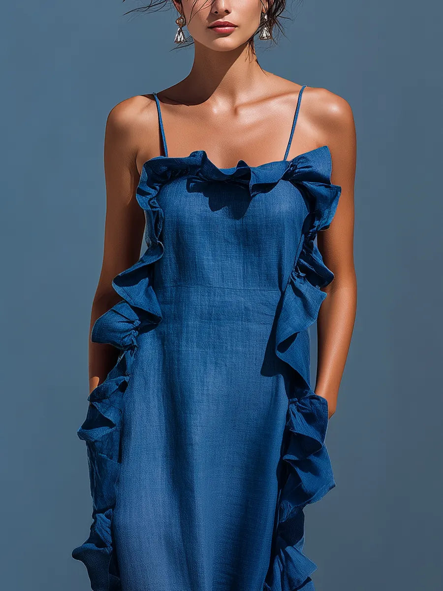 Women’s Blue Linen-Blend Spaghetti Strap Ruffle Trim Maxi Dress With Slit MDZ2407D1T