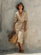 Women's Minimalist Linen-Blend V-Neck Mid-Sleeve Tie-Waist Wrap Midi Dress MDZ1605F3WY