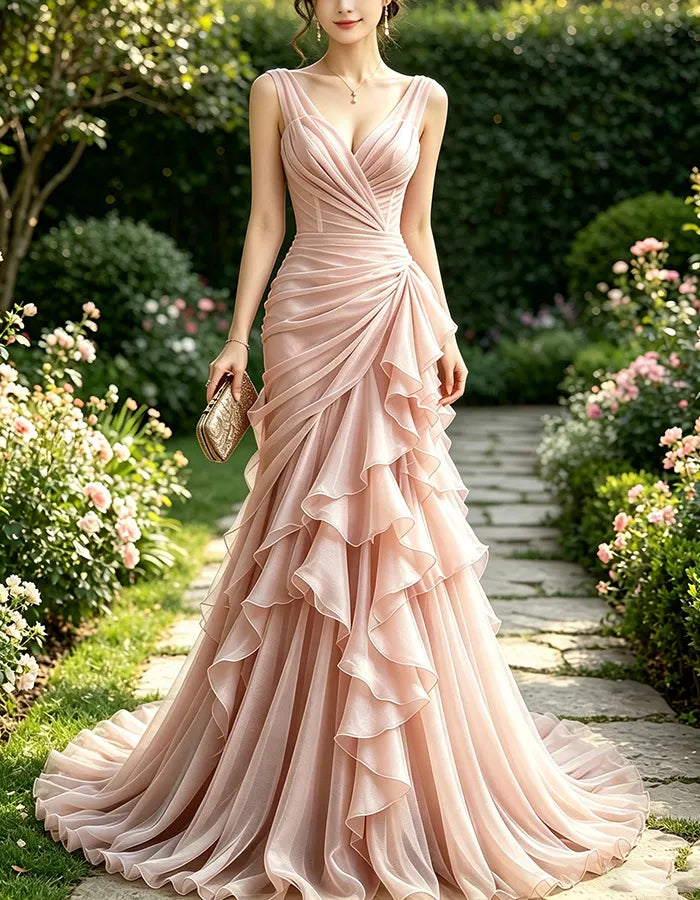 Pink V Sleeveless Side Multi Tier Ruffle Cross Ruched Chiffon Maxi Dress