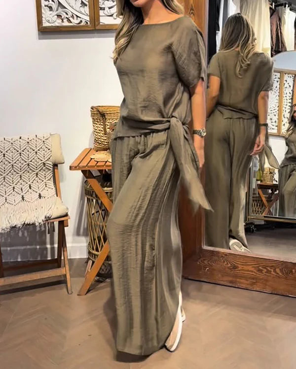 Olive Green Linen Tie Side Two Piece Lounge Set