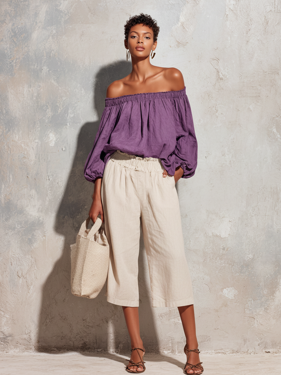 Women's Casual Style Purple Cotton And Linen Off-shoulder Long Lantern Sleeve Top MDZ0697E3GMJ