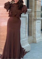 Brown Ruffle Long Sleeve Top & Ribbed Mermaid Maxi Skirt Two-Piece Set