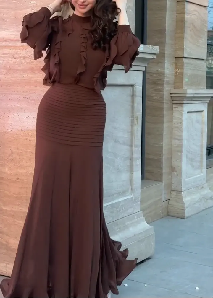 Brown Ruffle Long Sleeve Top & Ribbed Mermaid Maxi Skirt Two-Piece Set