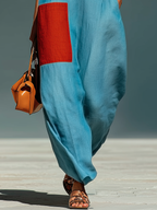 Women’s Blue Linen-Blend Sleeveless Jumpsuit With Red Patch Pockets & Half-Zip Stand Collar MDZ0982E4T