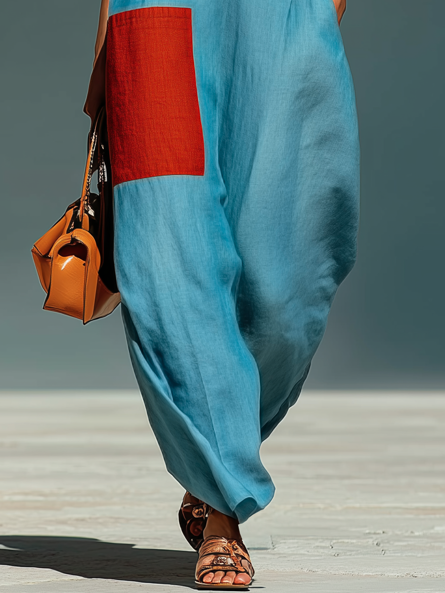 Women’s Blue Linen-Blend Sleeveless Jumpsuit With Red Patch Pockets & Half-Zip Stand Collar MDZ0982E4T