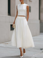 Sleeveless Cropped Top And Pleated Midi Skirt Set