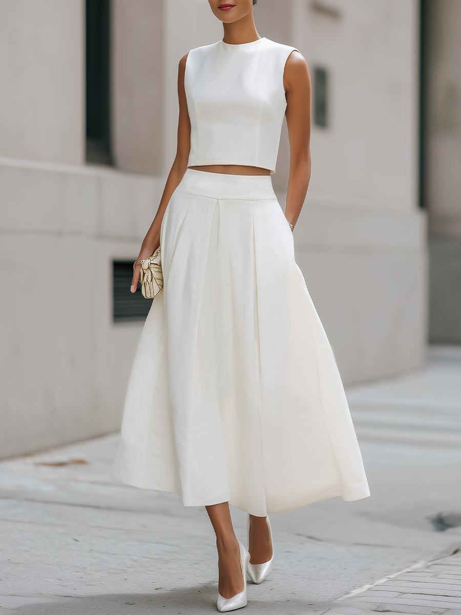Sleeveless Cropped Top And Pleated Midi Skirt Set