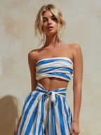 Women's Resort Style Blue And White Striped Strapless Wide-Leg Pants Suit MDZ0963B1BA
