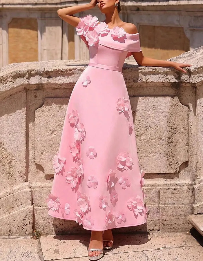 Pink Off Shoulder 3D Handmade Flower Maxi Dress