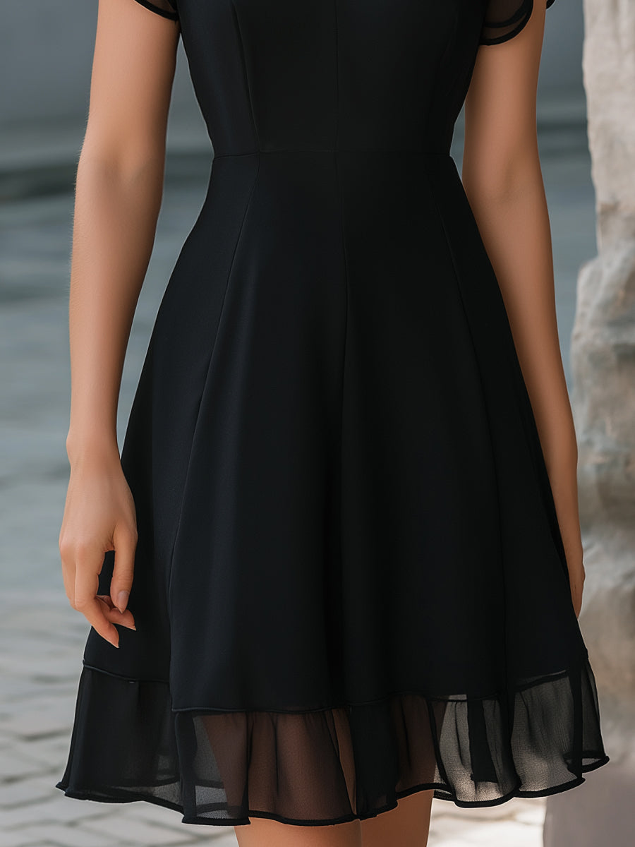Chiffon Mandarin-Collar Flutter Sleeve A-Line Dress