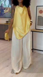 Women Neck Hanging Irregular Top+ Pants Casual Suit