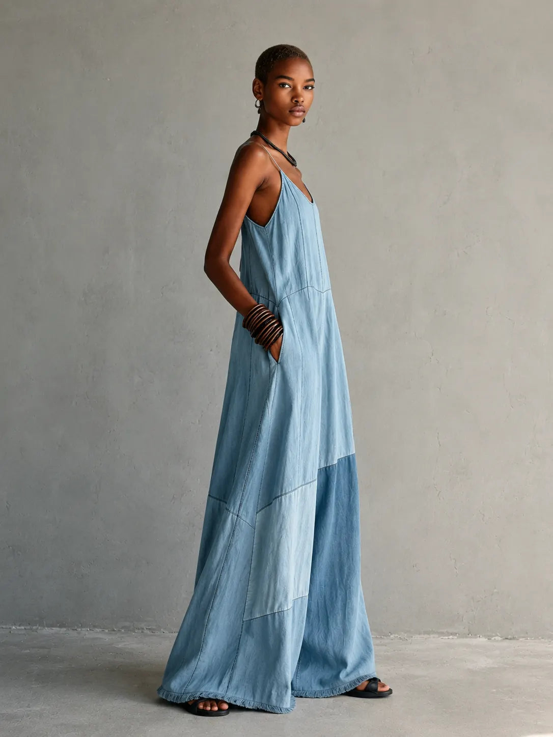 Denim Patchwork Wide Leg Spaghetti Strap Jumpsuit