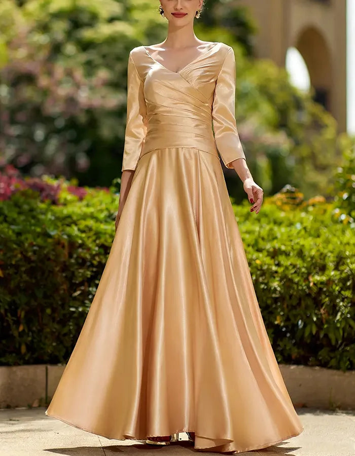 Champagne V Neck Cross Ruched 3/4 Sleeve Satin Maxi Dress