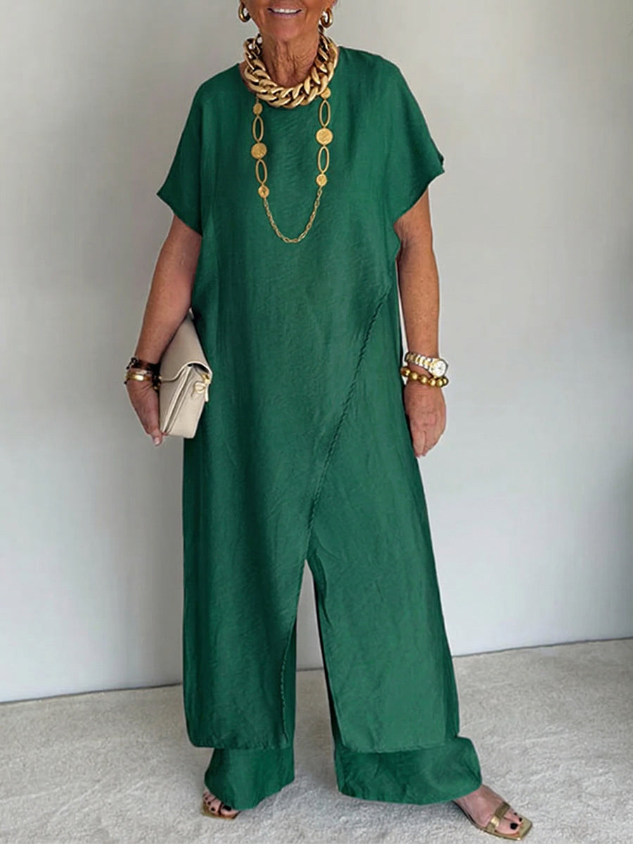 Women's Cozy Loose Fit Asymmetrical Two-Piece Set - Casual Retro Cotton Blend Outfit