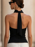 Sleek Halter Neck Twist Front Sleeveless Top With Keyhole Cutout