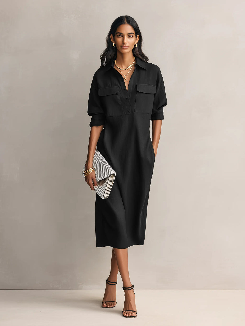 Women's Elegant Black Cotton-linen Blend Shirt Collar Short-sleeved Midi Dress MDZ0455C2AN