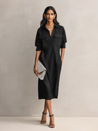 Women's Elegant Black Cotton-linen Blend Shirt Collar Short-sleeved Midi Dress MDZ0455C2AN