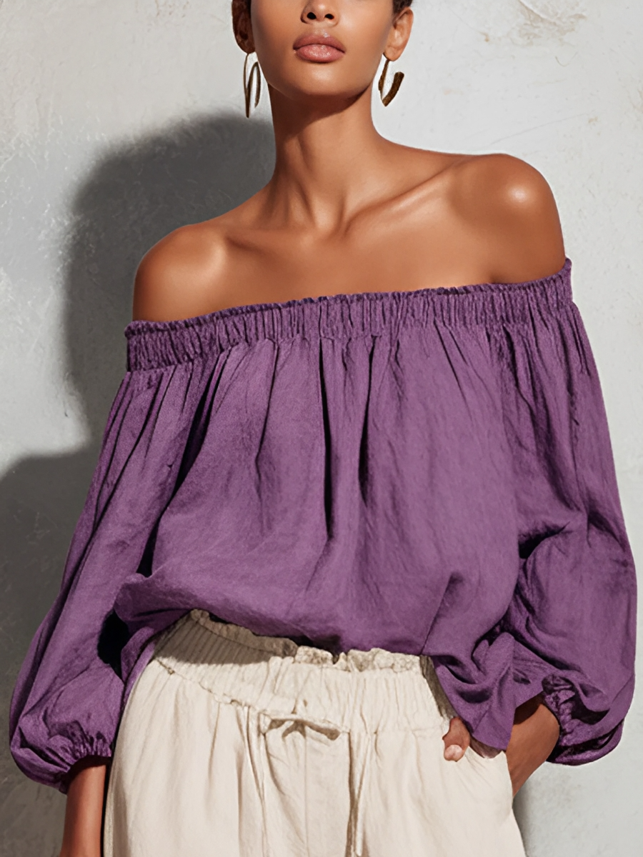 Women's Casual Style Purple Cotton And Linen Off-shoulder Long Lantern Sleeve Top MDZ0697E3GMJ