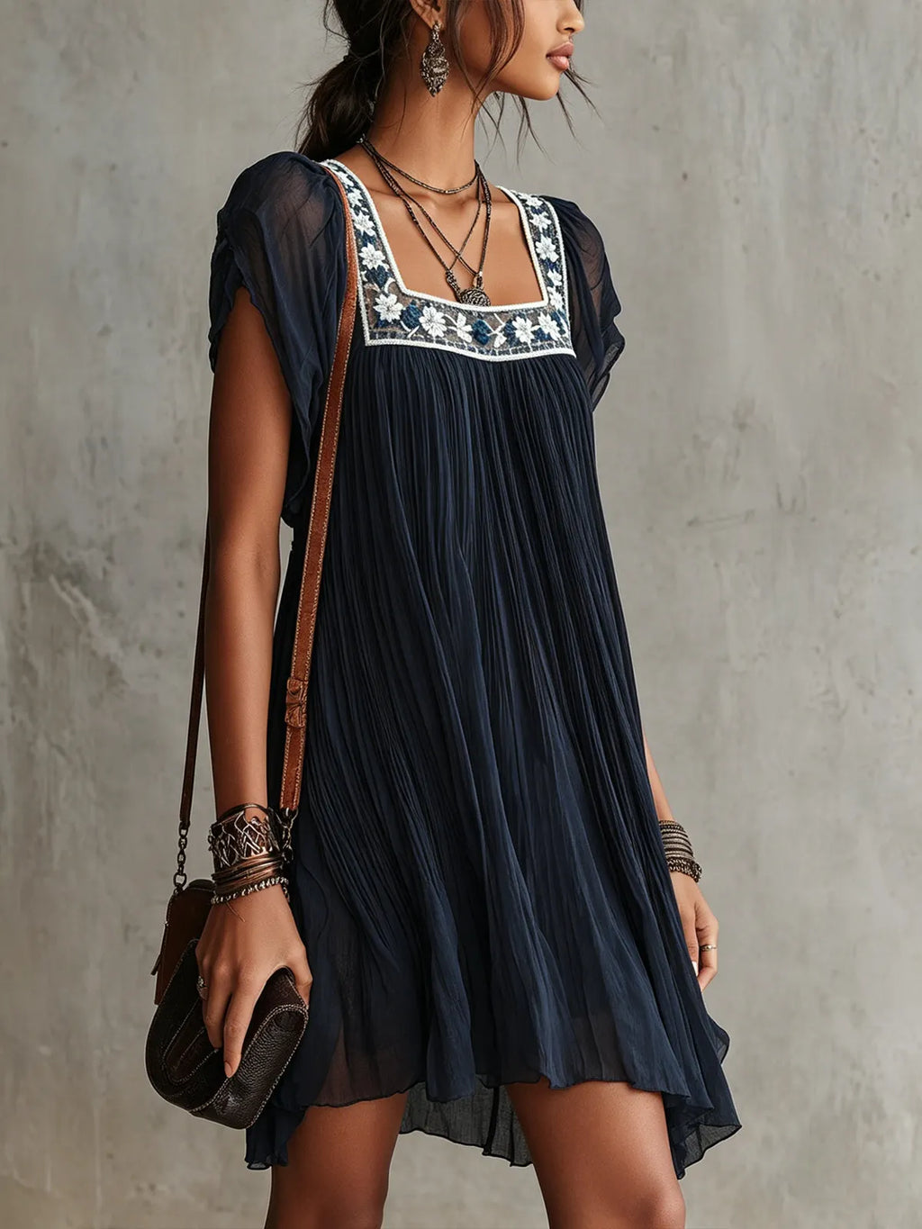 Navy Blue Floral Embroidered Pleated Chiffon Mini Dress