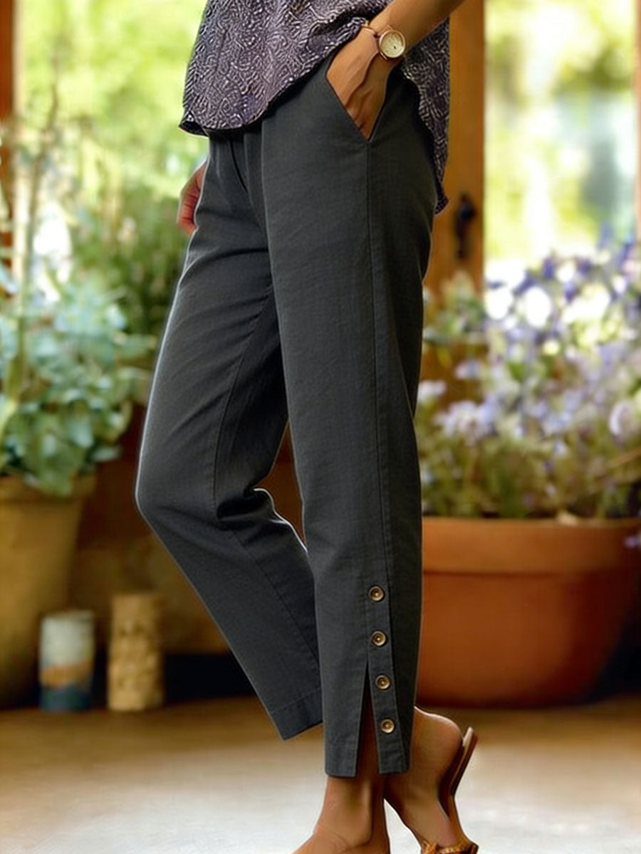 Women's Cotton-linen Button Slit Solid-color Loose-fit Casual Trousers
