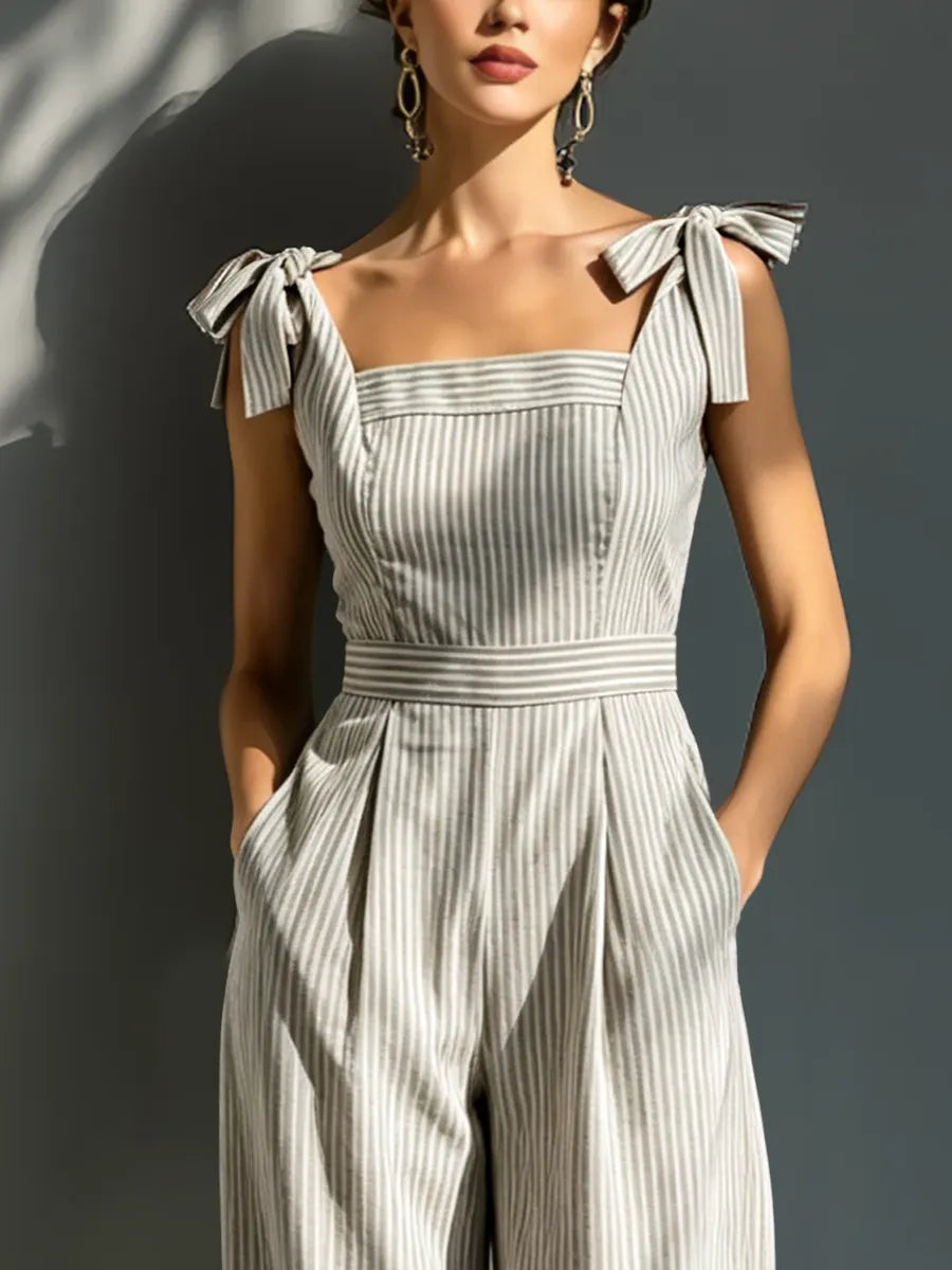 Women's Beige & White Striped Linen-Blend Jumpsuit With Square Neck & Tie Straps MDZ2733B8T