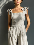 Women's Beige & White Striped Linen-Blend Jumpsuit With Square Neck & Tie Straps MDZ2733B8T