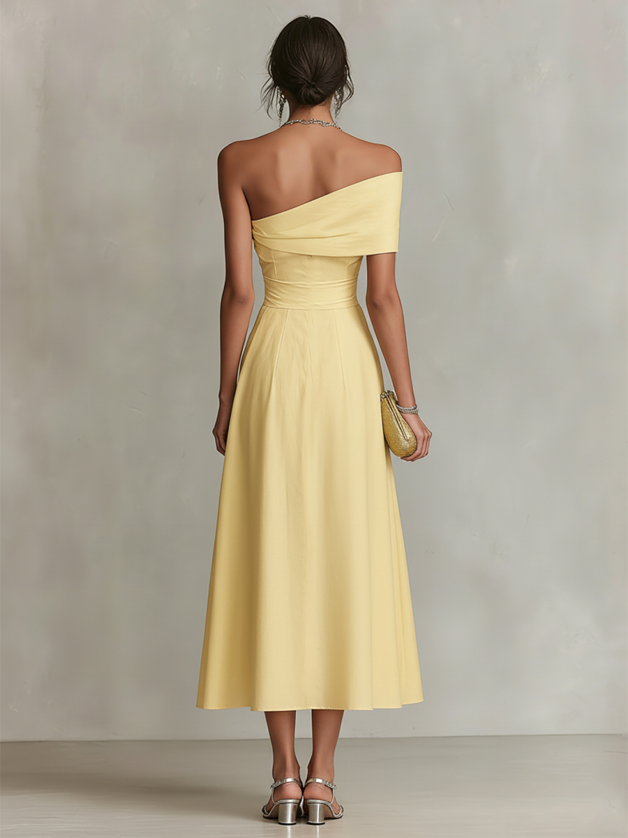Women's Yellow Linen Dress With One-Shoulder Neckline & Fitted Waist, Timeless Elegant-Chic Style Dress MDZ2630B3I