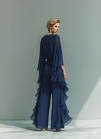 Women's Navy Blue Chiffon Top With Flared Sleeves And Straight-leg Trousers Set With Ruffled Details MDZ2218A5T