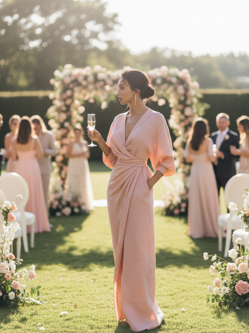 Women's  Pink Minimalist V-neck Linen Blend Maxi Dress MDA1655L0Y