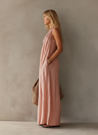 Women's Elegant Pink Cotton-Linen One-Shoulder Sleeveless Maxi Dress MDZ0829E1LXY