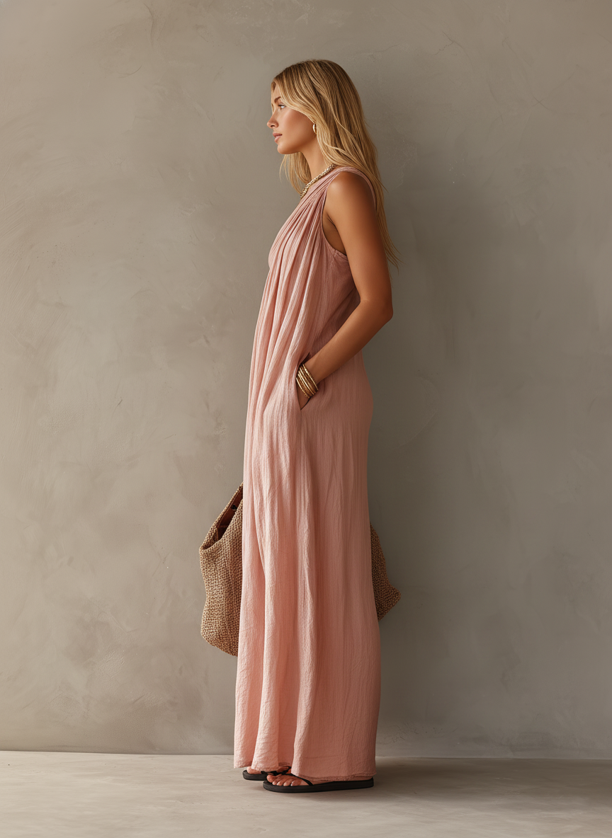 Women's Elegant Pink Cotton-Linen One-Shoulder Sleeveless Maxi Dress MDZ0829E1LXY
