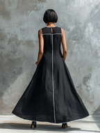 Women's Minimalist Linen-Blend Maxi Dress With Contrast Trim, Round Neck, And Sleeveless Design MDZ1516E0Y