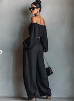 Women's Minimalist Linen Blend Strapless Long-sleeved Blouse And Wide-leg Pants Set MDA1900L7Y