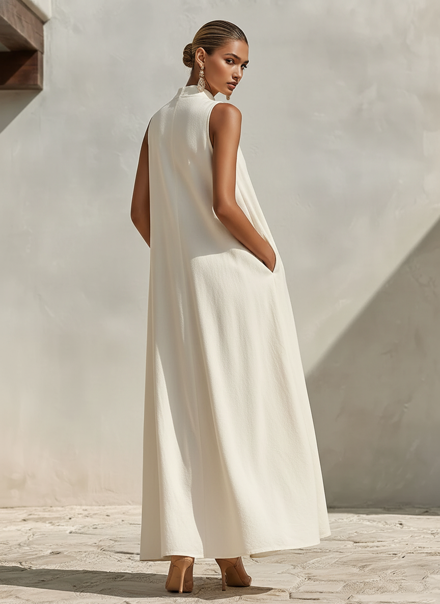 Women's Cream Linen-Blend Sleeveless Maxi Dress With Stand Collar & V-Neck, Timeless Minimalist Summer Dress MDZ0806E9LYL