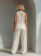 Women's Cream Two-Piece Set With Semi-sheer Chiffon Sleeveless Top & Cotton And Linen Blend Drawstring Wide-Leg Trousers MDZ1039C4T