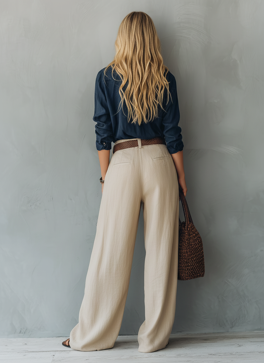 Women's Casual Navy Blue Cotton-Linen Long-Sleeve Pullover Shirt Paired With Khaki Cotton-Linen Trousers (Belt Not Included) MDZ1121E4LXY