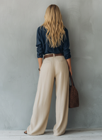 Women's Casual Navy Blue Cotton-Linen Long-Sleeve Pullover Shirt Paired With Khaki Cotton-Linen Trousers (Belt Not Included) MDZ1121E4LXY